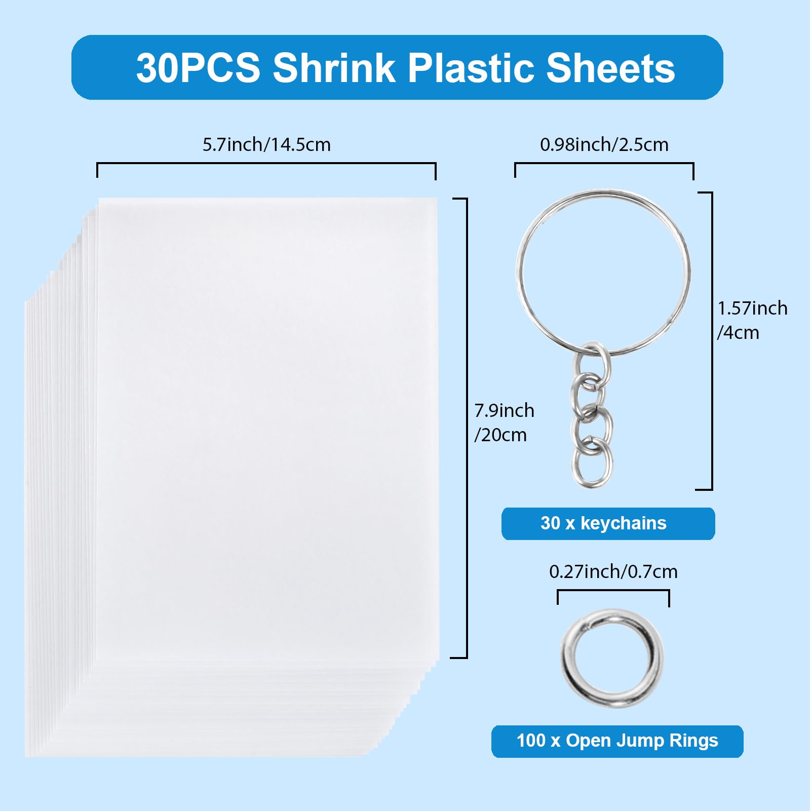 Auihiay 30-Piece Shrink Plastic Sheets Kit with Keychains and Jump Rings