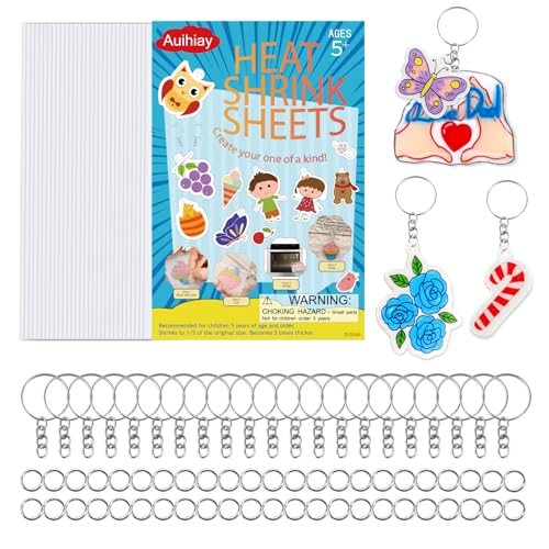 Auihiay 30-Piece Shrink Plastic Sheets Kit with Keychains and Jump Rings