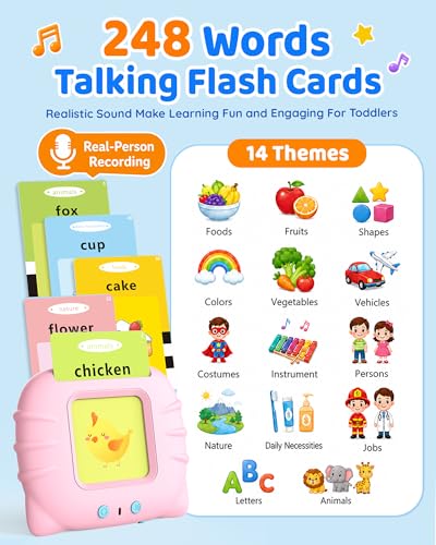 Aullsaty Talking Flash Cards for Toddlers 1-4, 248 Sight Words, Pink Cat Reader, Speech Therapy Toy