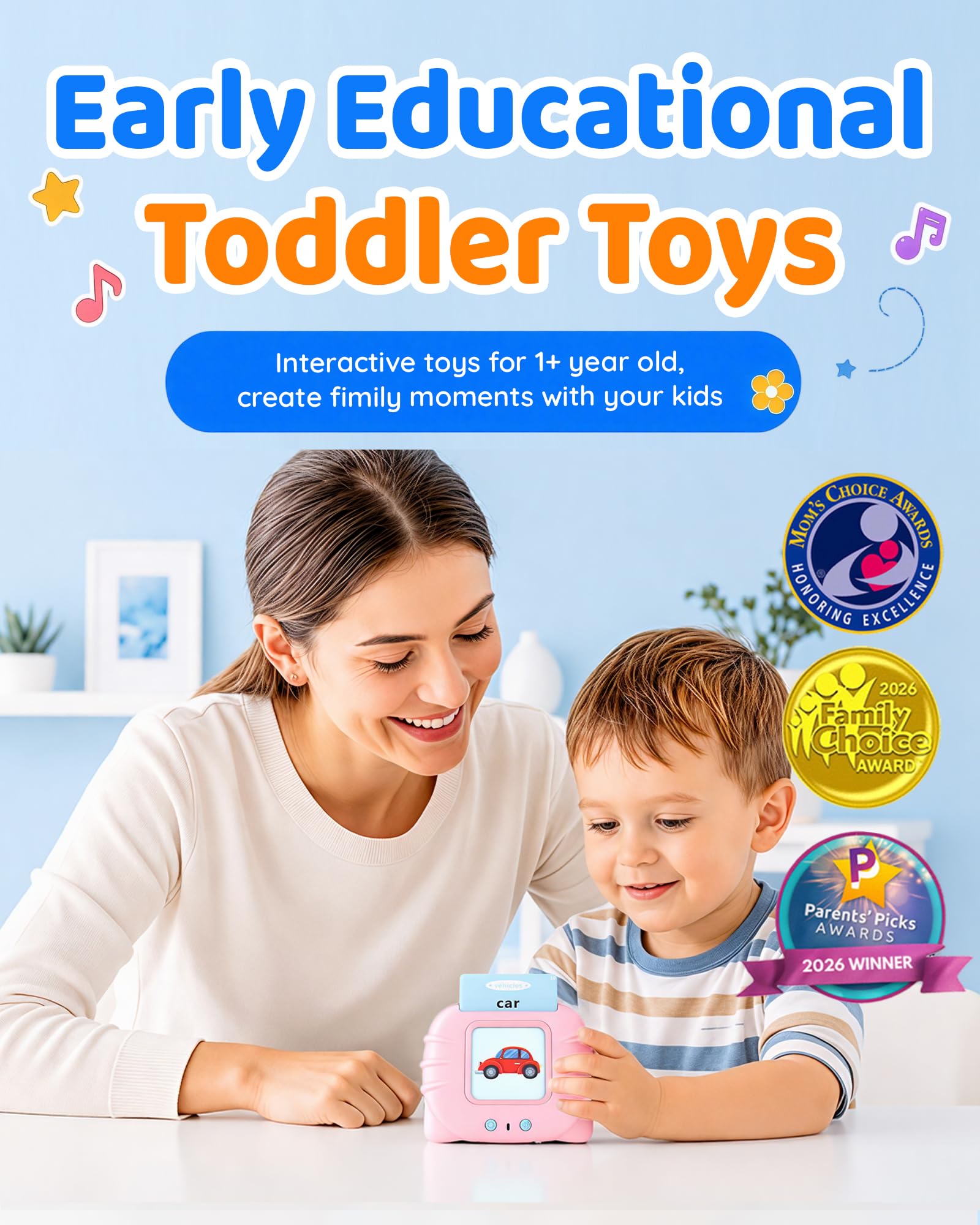 Aullsaty Talking Flash Cards for Toddlers 1-4, 248 Sight Words, Pink Cat Reader, Speech Therapy Toy
