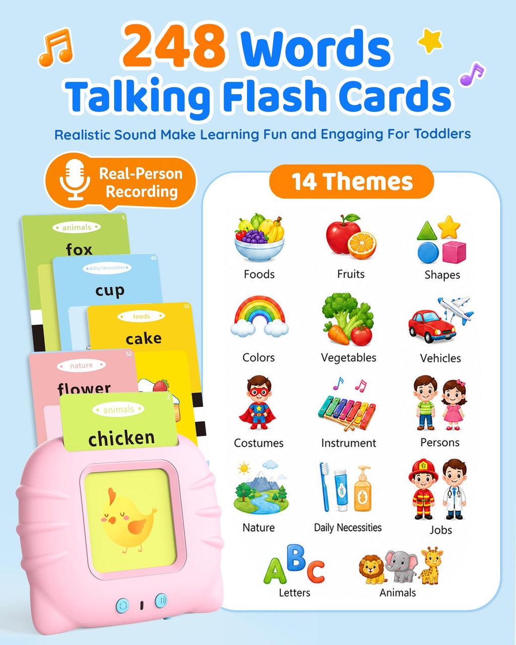 Aullsaty Talking Flash Cards for Toddlers 1-4, 248 Sight Words, Pink Cat Reader, Speech Therapy Toy