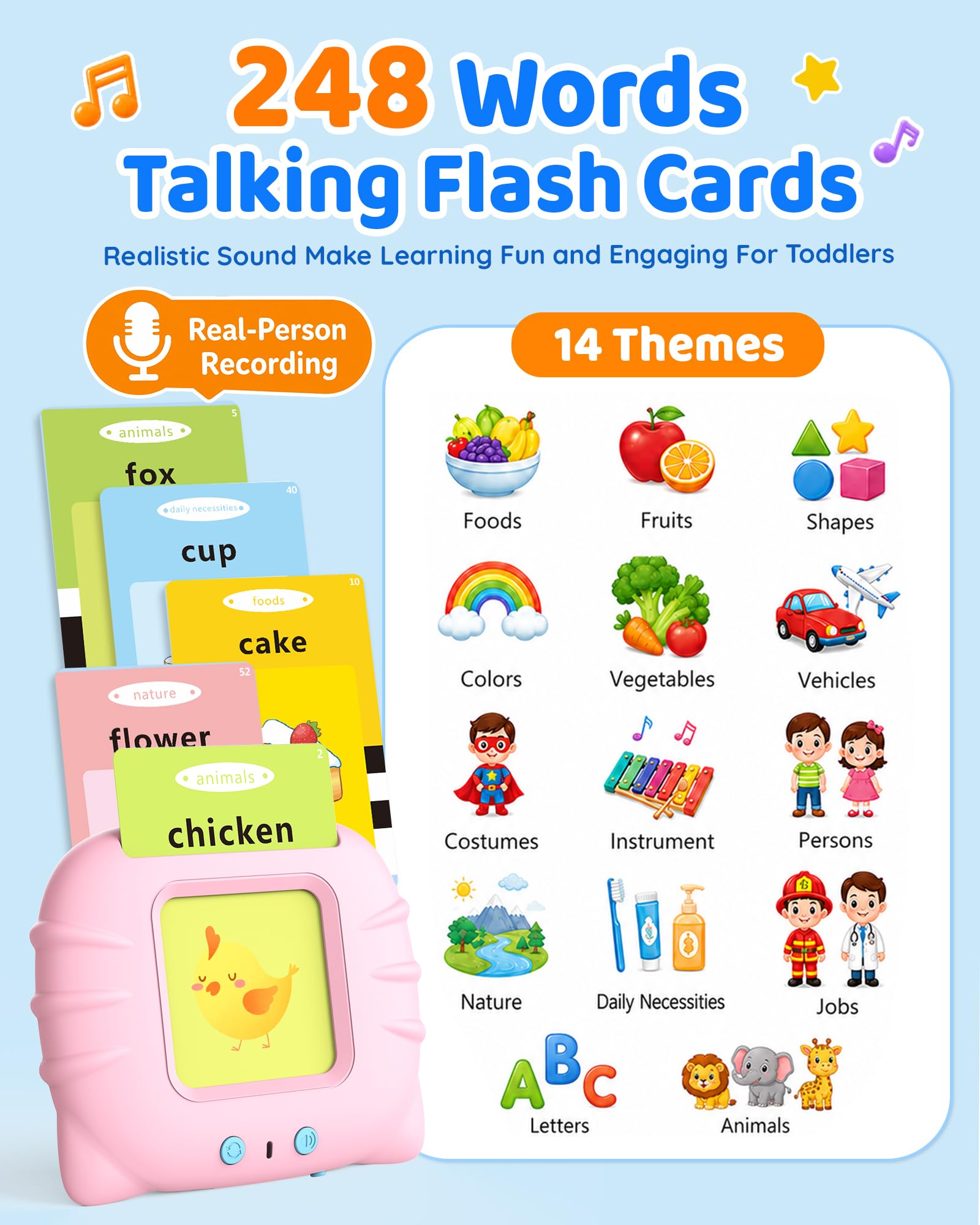 Aullsaty Talking Flash Cards for Toddlers 1-4, 248 Sight Words, Pink Cat Reader, Speech Therapy Toy