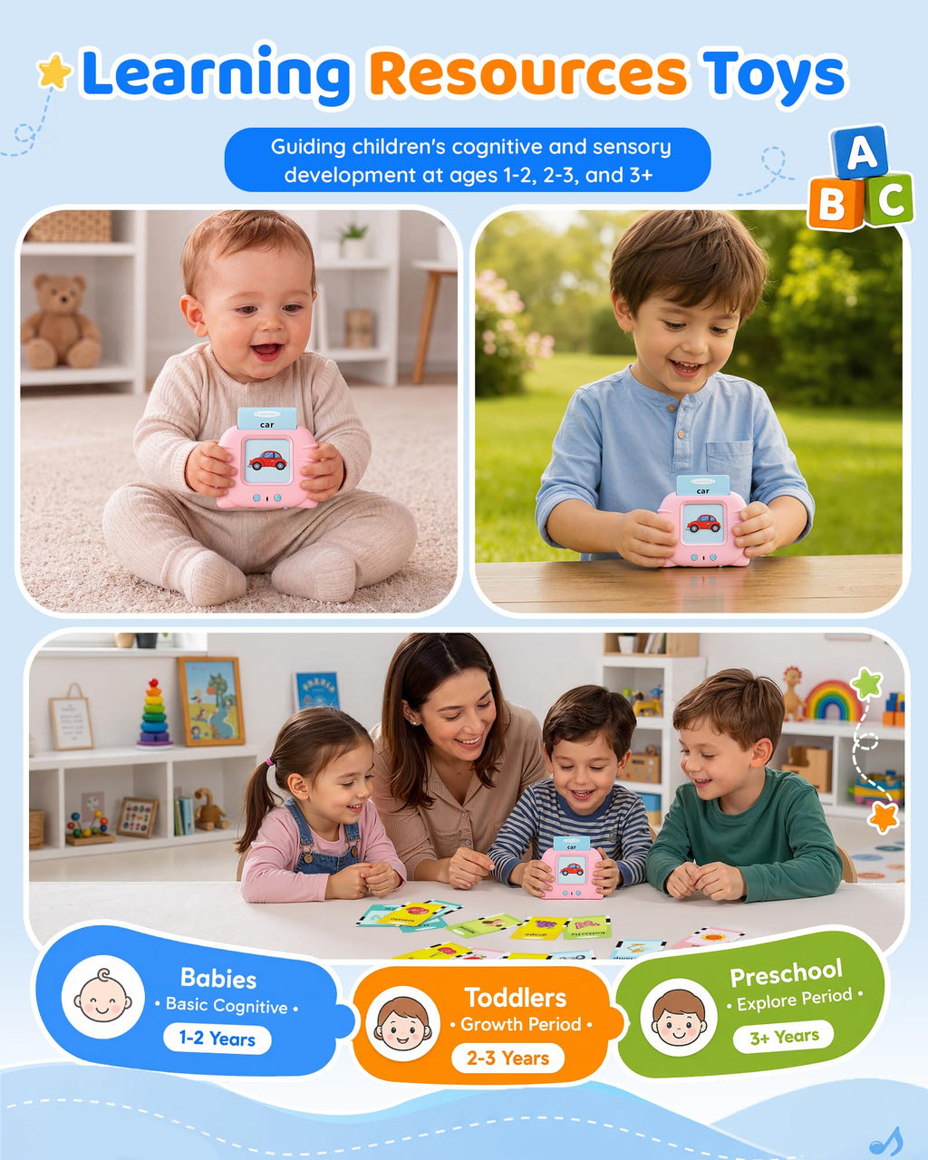 Aullsaty Talking Flash Cards for Toddlers 1-4, 248 Sight Words, Pink Cat Reader, Speech Therapy Toy