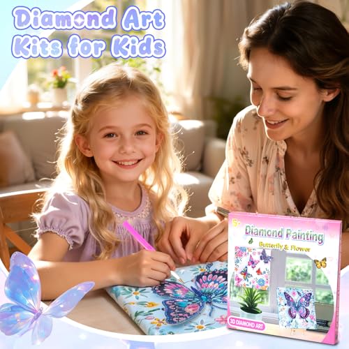 AuraKoi 3D Butterfly Diamond Art Kit for Kids Ages 6-12 – Blue Gem Painting with Frame, Non-Toxic DIY Craft