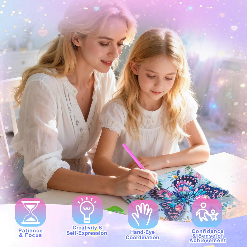 AuraKoi 3D Butterfly Diamond Art Kit for Kids Ages 6-12 – Blue Gem Painting with Frame, Non-Toxic DIY Craft