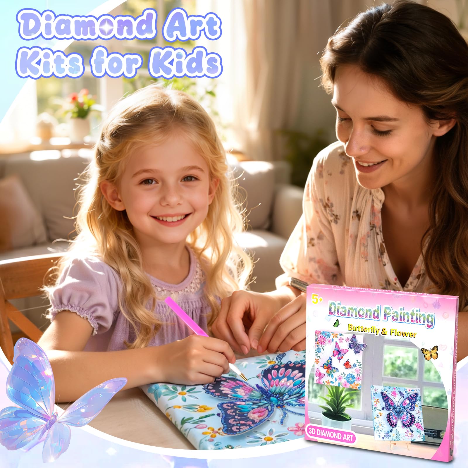 AuraKoi 3D Butterfly Diamond Art Kit for Kids Ages 6-12 – Blue Gem Painting with Frame, Non-Toxic DIY Craft