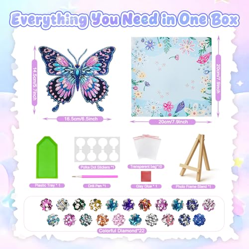AuraKoi 3D Butterfly Diamond Art Kit for Kids Ages 6-12 – Blue Gem Painting with Frame, Non-Toxic DIY Craft