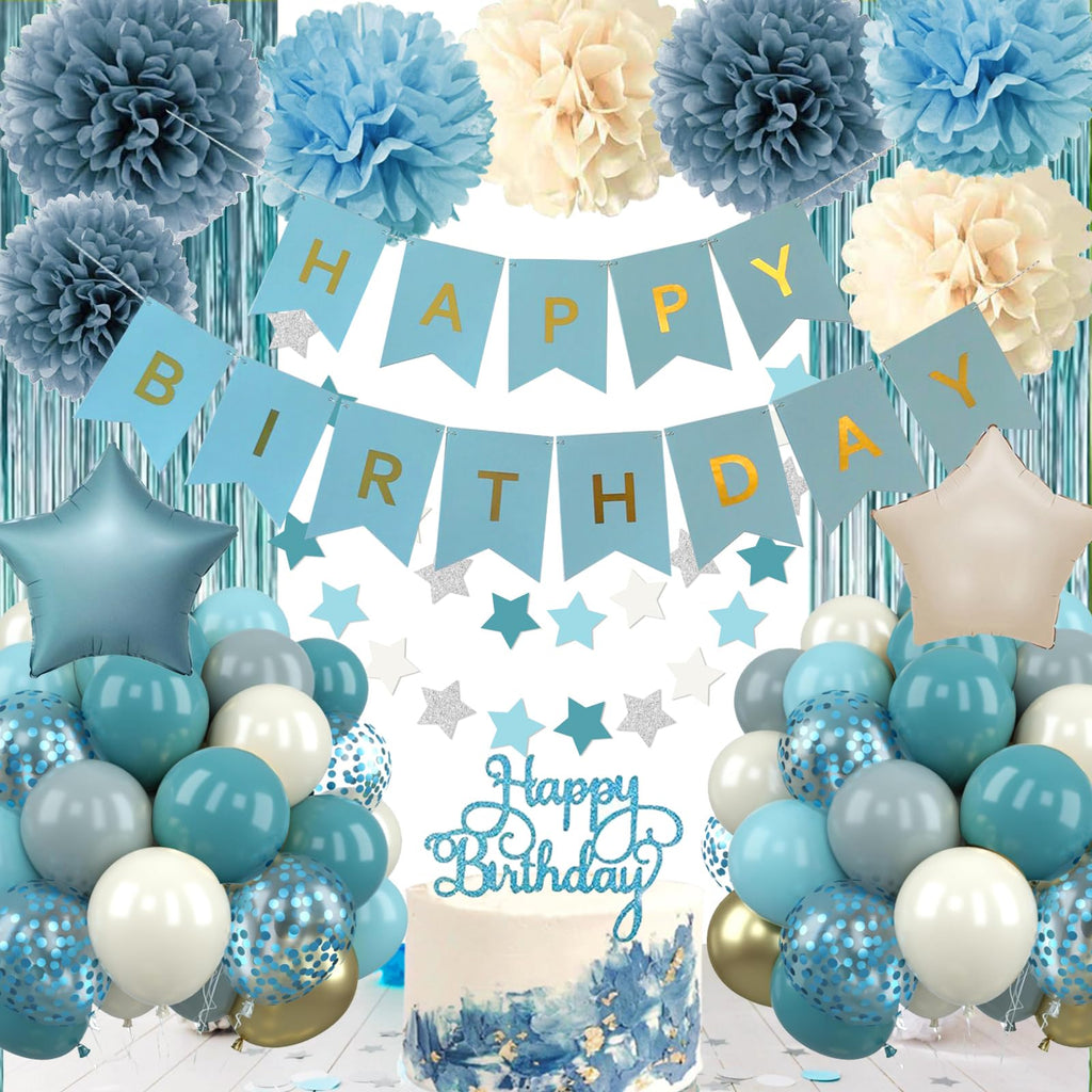 Aurasys Blue Birthday Decorations Set - 54-Piece Light Blue Party Supplies with Balloons, Banner, Fringe Curtain, and Pom Poms for Winter Wonderland, Under the Sea, Galaxy Themes
