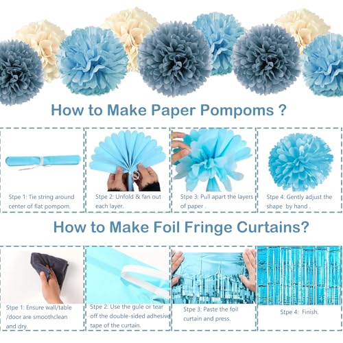 Aurasys Blue Birthday Decorations Set - 54-Piece Light Blue Party Supplies with Balloons, Banner, Fringe Curtain, and Pom Poms for Winter Wonderland, Under the Sea, Galaxy Themes