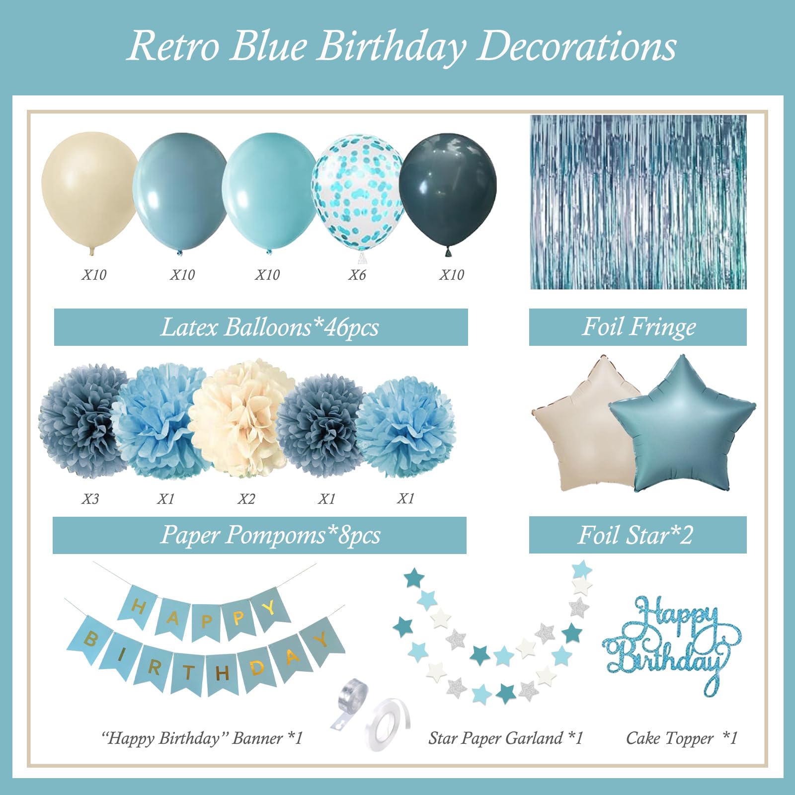 Aurasys Blue Birthday Decorations Set - 54-Piece Light Blue Party Supplies with Balloons, Banner, Fringe Curtain, and Pom Poms for Winter Wonderland, Under the Sea, Galaxy Themes