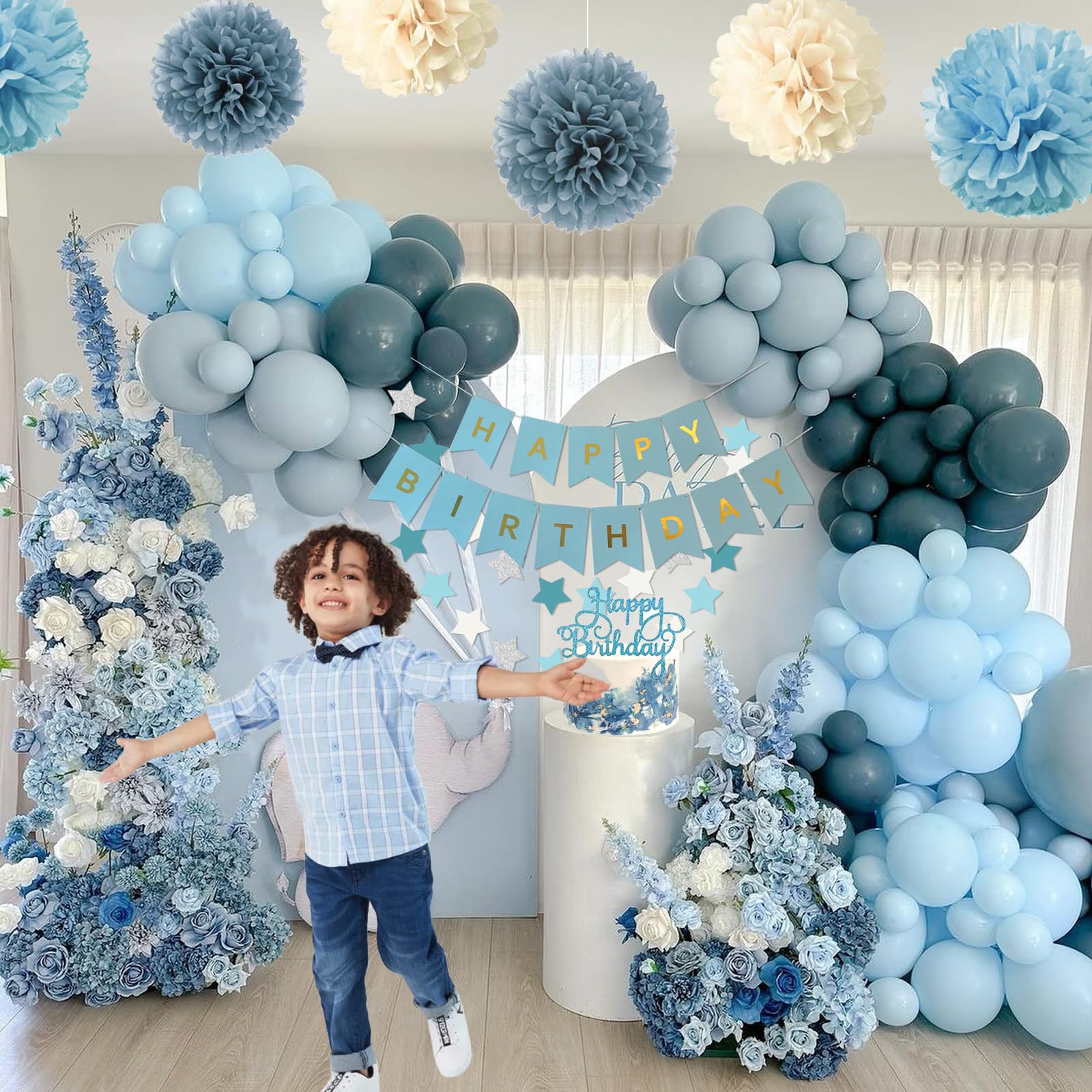 Aurasys Blue Birthday Decorations Set - 54-Piece Light Blue Party Supplies with Balloons, Banner, Fringe Curtain, and Pom Poms for Winter Wonderland, Under the Sea, Galaxy Themes