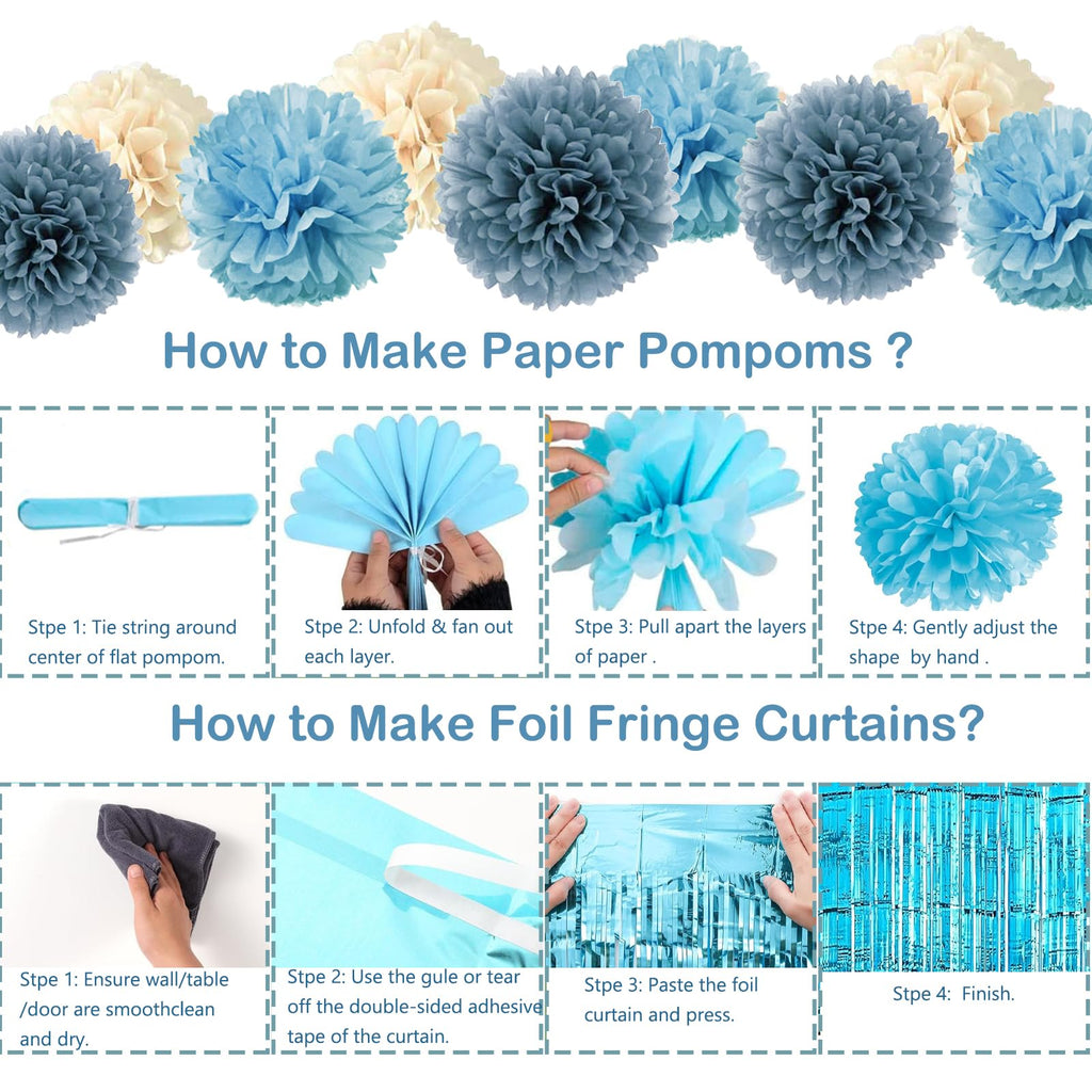 Aurasys Blue Birthday Decorations Set - 54-Piece Light Blue Party Supplies with Balloons, Banner, Fringe Curtain, and Pom Poms for Winter Wonderland, Under the Sea, Galaxy Themes