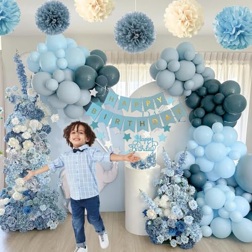Aurasys Blue Birthday Decorations Set - 54-Piece Light Blue Party Supplies with Balloons, Banner, Fringe Curtain, and Pom Poms for Winter Wonderland, Under the Sea, Galaxy Themes