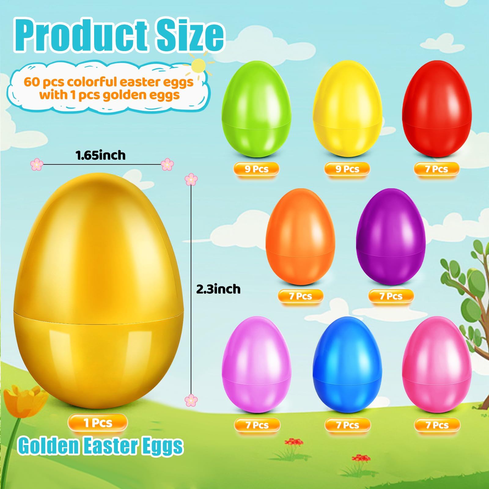 AuroTops 61 Pcs Plastic Easter Eggs Bulk - 2.3" Fillable Eggs in 9 Colors Plus Golden Egg for Hunts, Baskets, and Party Favors