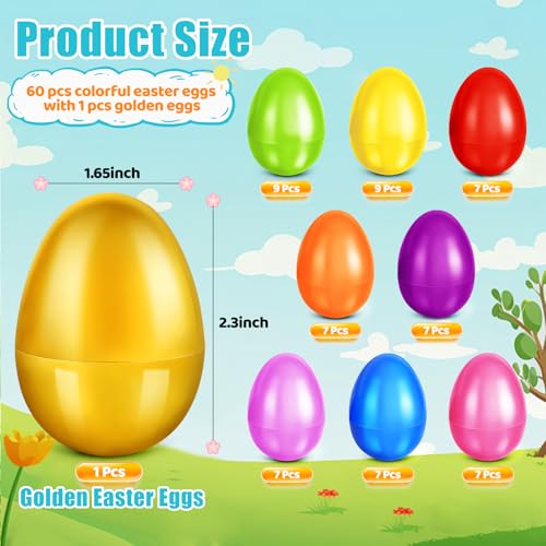 AuroTops 61 Pcs Plastic Easter Eggs Bulk - 2.3" Fillable Eggs in 9 Colors Plus Golden Egg for Hunts, Baskets, and Party Favors