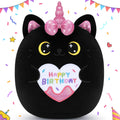 Auspicious Beginning 11-Inch Black Unicorn Cat Plush – Soft Kawaii Birthday Gift for Kids and Adults