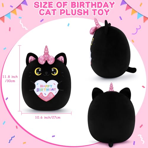 Auspicious Beginning 11-Inch Black Unicorn Cat Plush – Soft Kawaii Birthday Gift for Kids and Adults