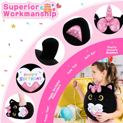Auspicious Beginning 11-Inch Black Unicorn Cat Plush – Soft Kawaii Birthday Gift for Kids and Adults