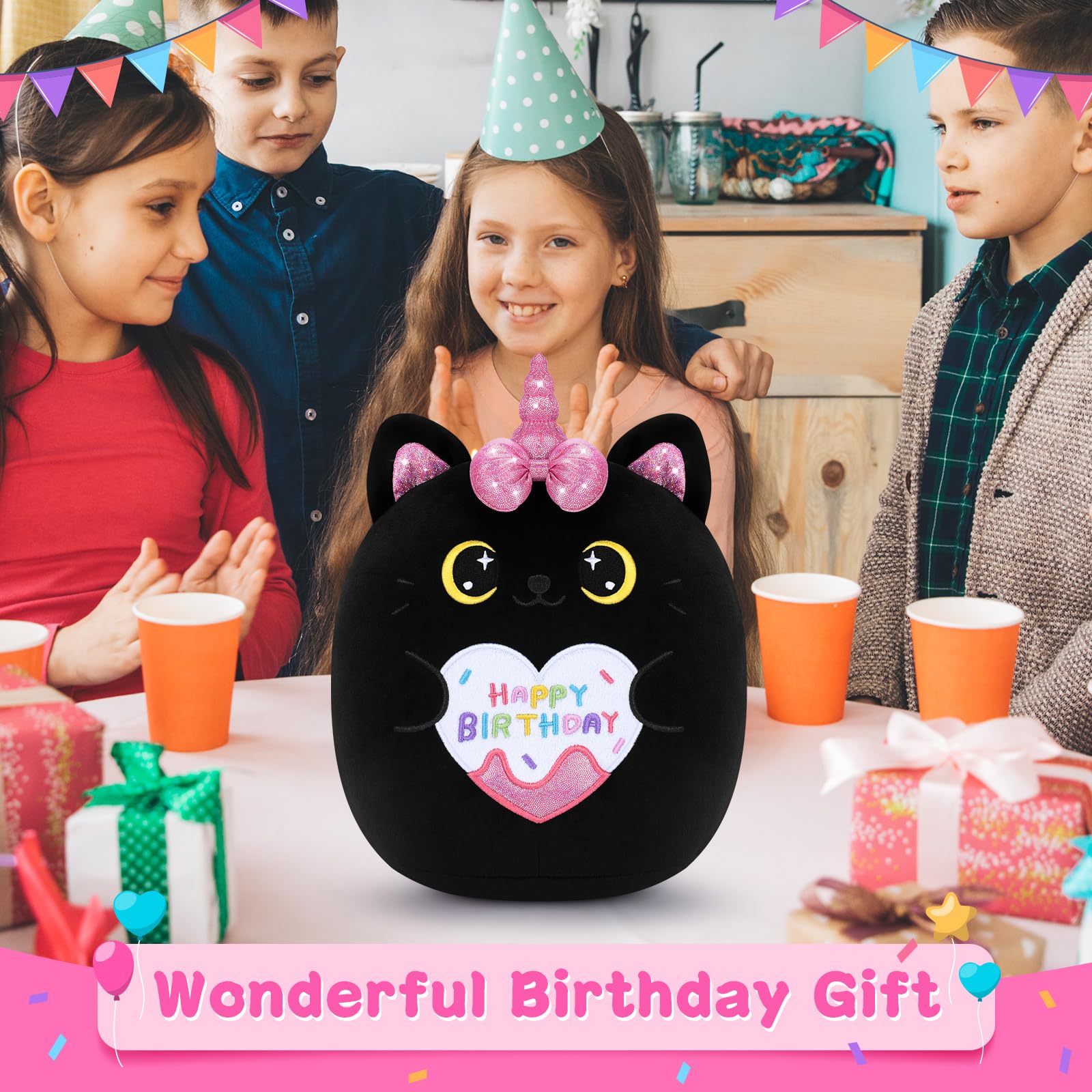 Auspicious Beginning 11-Inch Black Unicorn Cat Plush – Soft Kawaii Birthday Gift for Kids and Adults