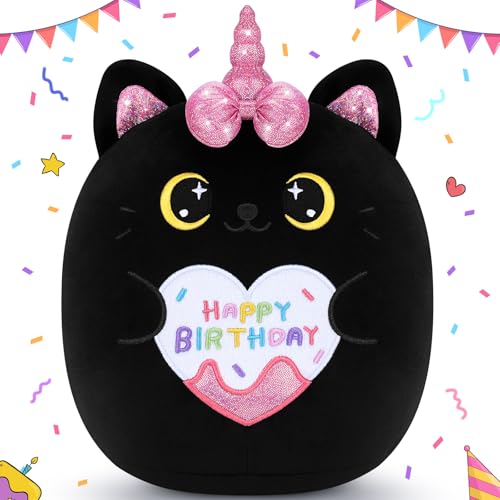 Auspicious Beginning 11-Inch Black Unicorn Cat Plush – Soft Kawaii Birthday Gift for Kids and Adults
