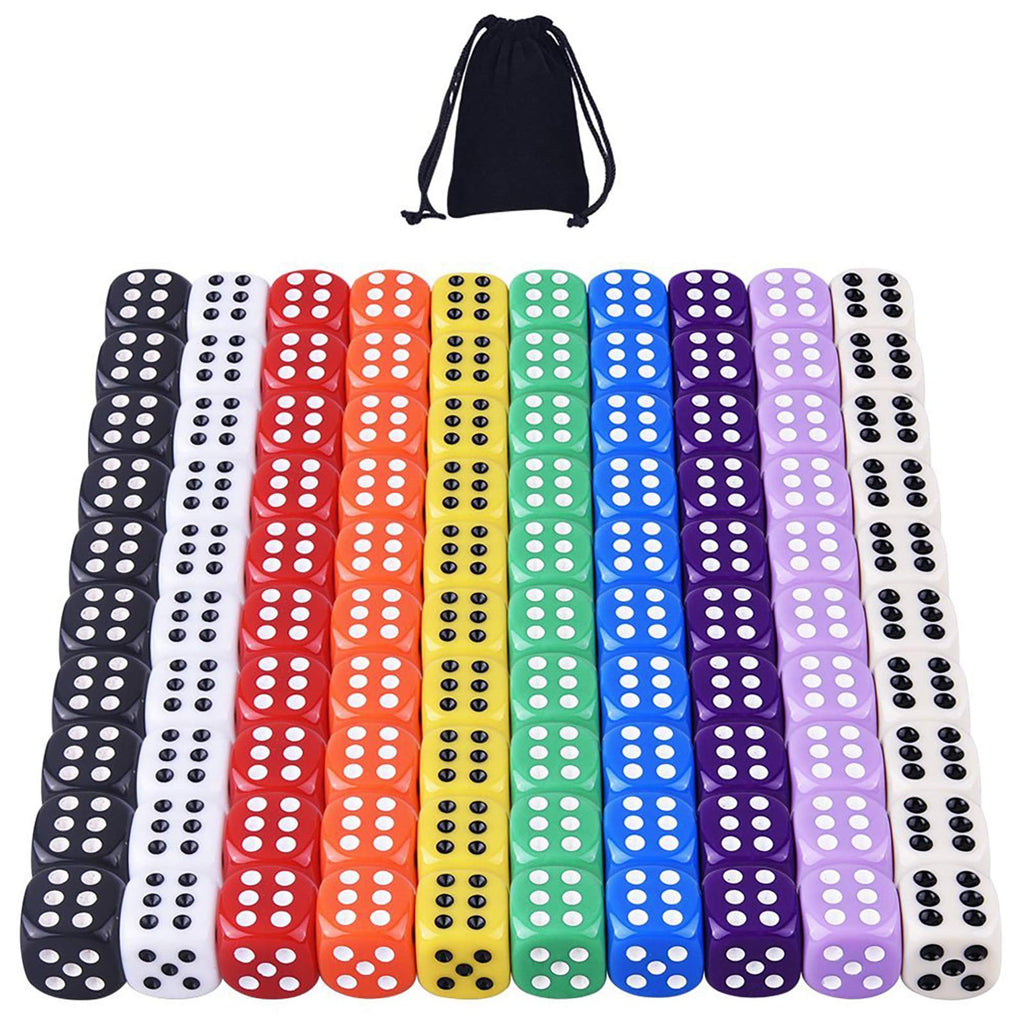 AUSTOR 100-Piece 16mm Acrylic Dice Set – 10 Solid Colors with Velvet Pouch for Game Night, Math, and More