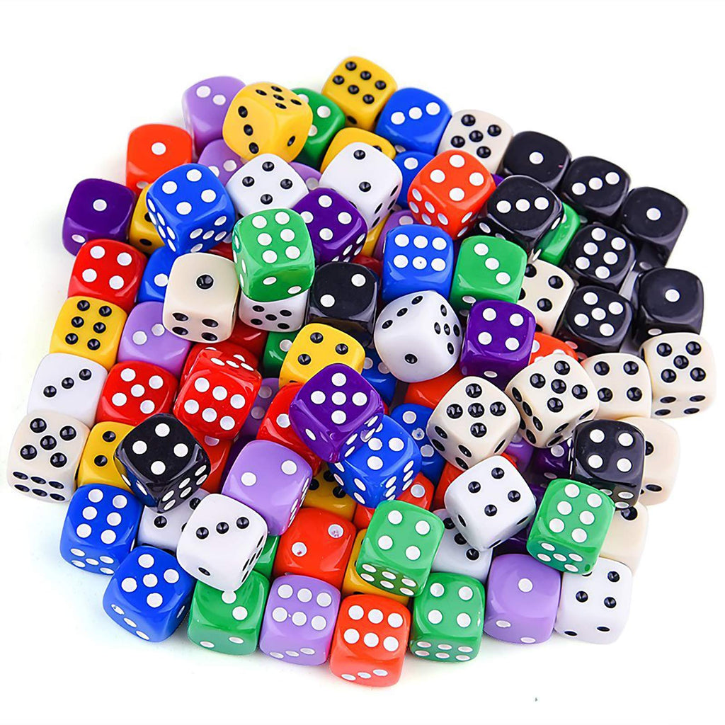 AUSTOR 100-Piece 16mm Acrylic Dice Set – 10 Solid Colors with Velvet Pouch for Game Night, Math, and More