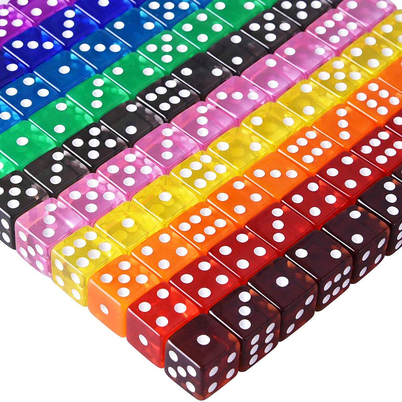 AUSTOR 100-Piece 16mm Transparent Dice Set – 10 Colors Square Corner Dice for Tenzi, Farkle, Yahtzee, Bunco, Teaching Math, with Velvet Pouch