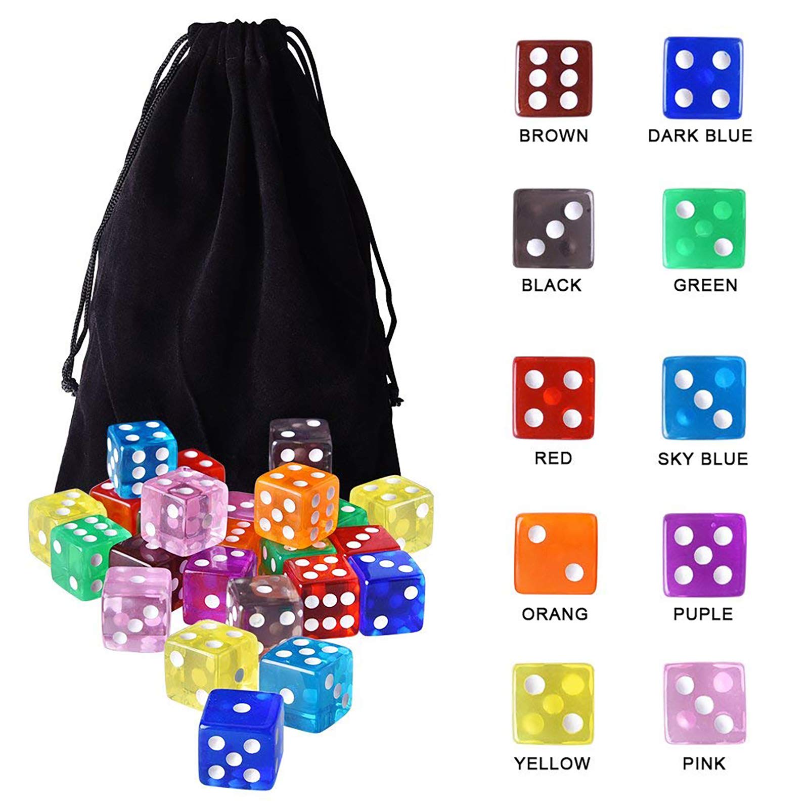 AUSTOR 100-Piece 16mm Transparent Dice Set – 10 Colors Square Corner Dice for Tenzi, Farkle, Yahtzee, Bunco, Teaching Math, with Velvet Pouch