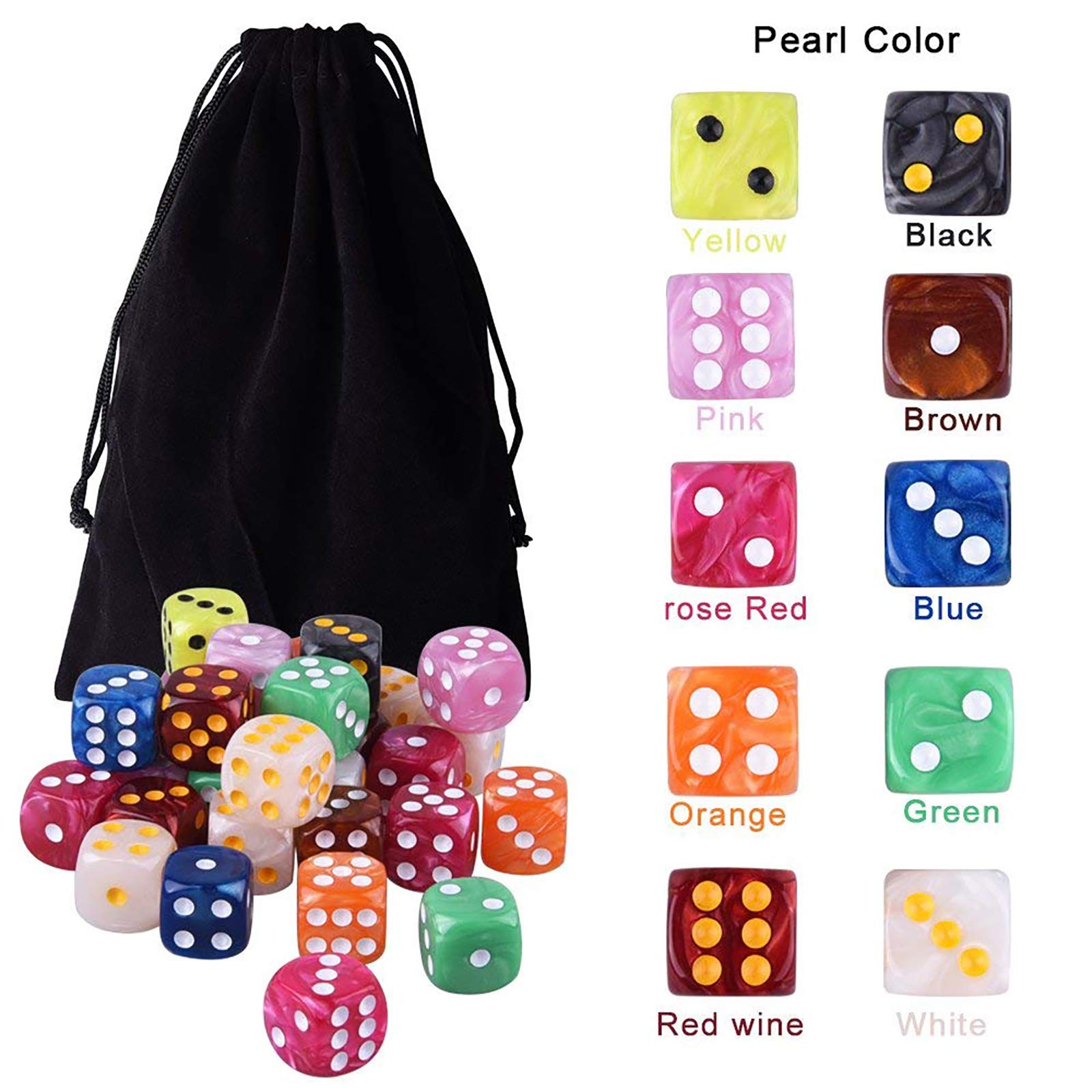AUSTOR 100-Piece 6-Sided Dice Set – 10 Pearl Colors, Rounded Edges, Velvet Pouch for Tenzi, Farkle, Yahtzee, Bunco & Math