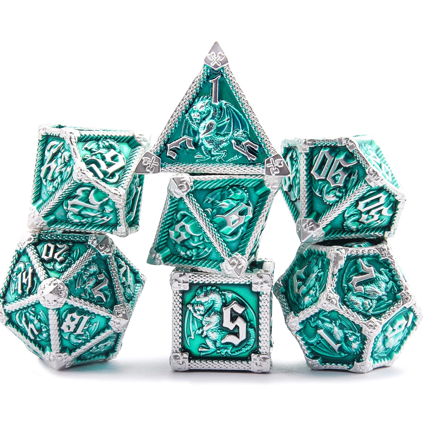 AUSTOR 7-Die Metal DND Dice Set – Dragon-Themed Zinc Alloy Dice with Storage Box