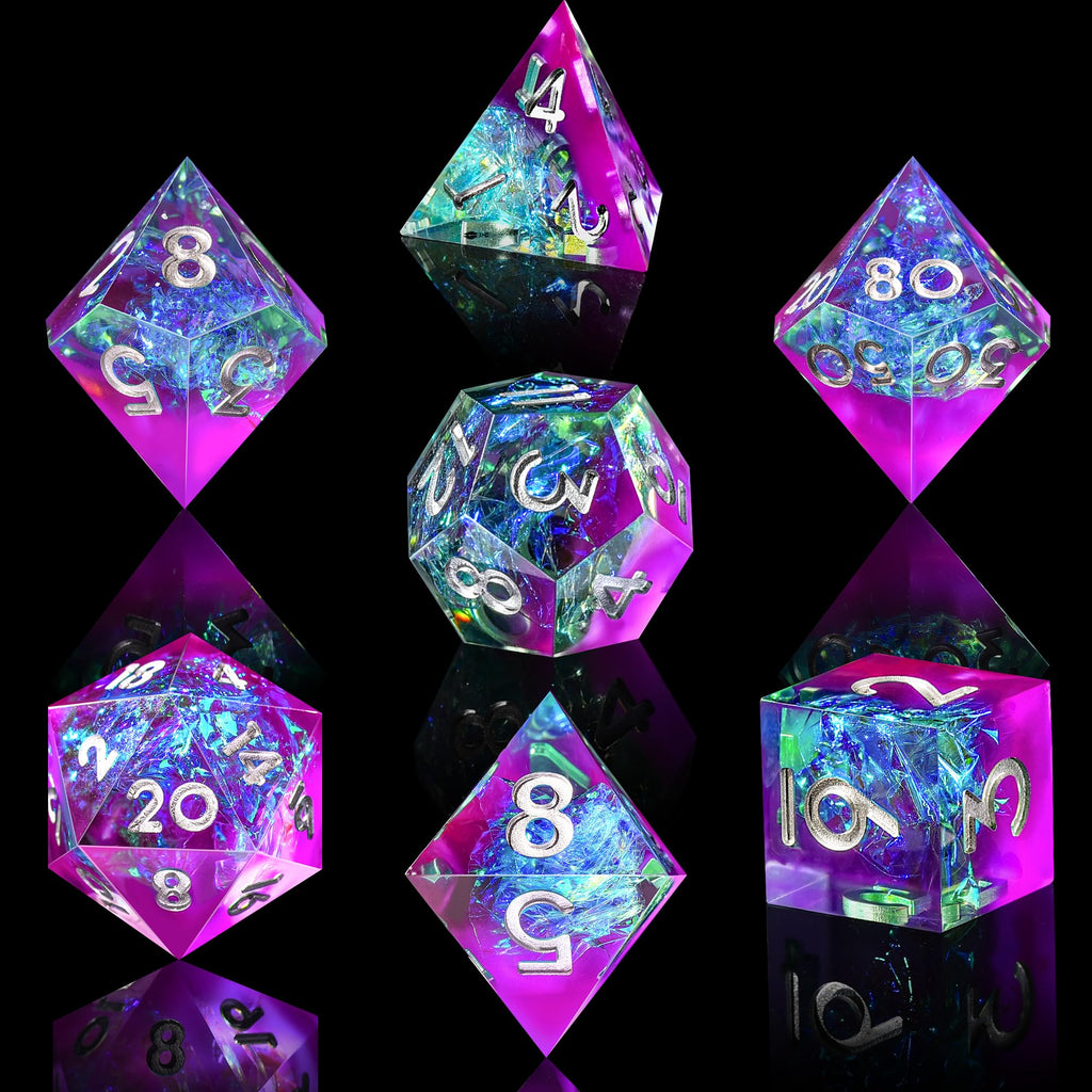 AUSTOR 7-Die Sharp Edge Polyhedral Dice Set – Handmade Resin Dice for D&D RPG MTG (Violet & Blue)