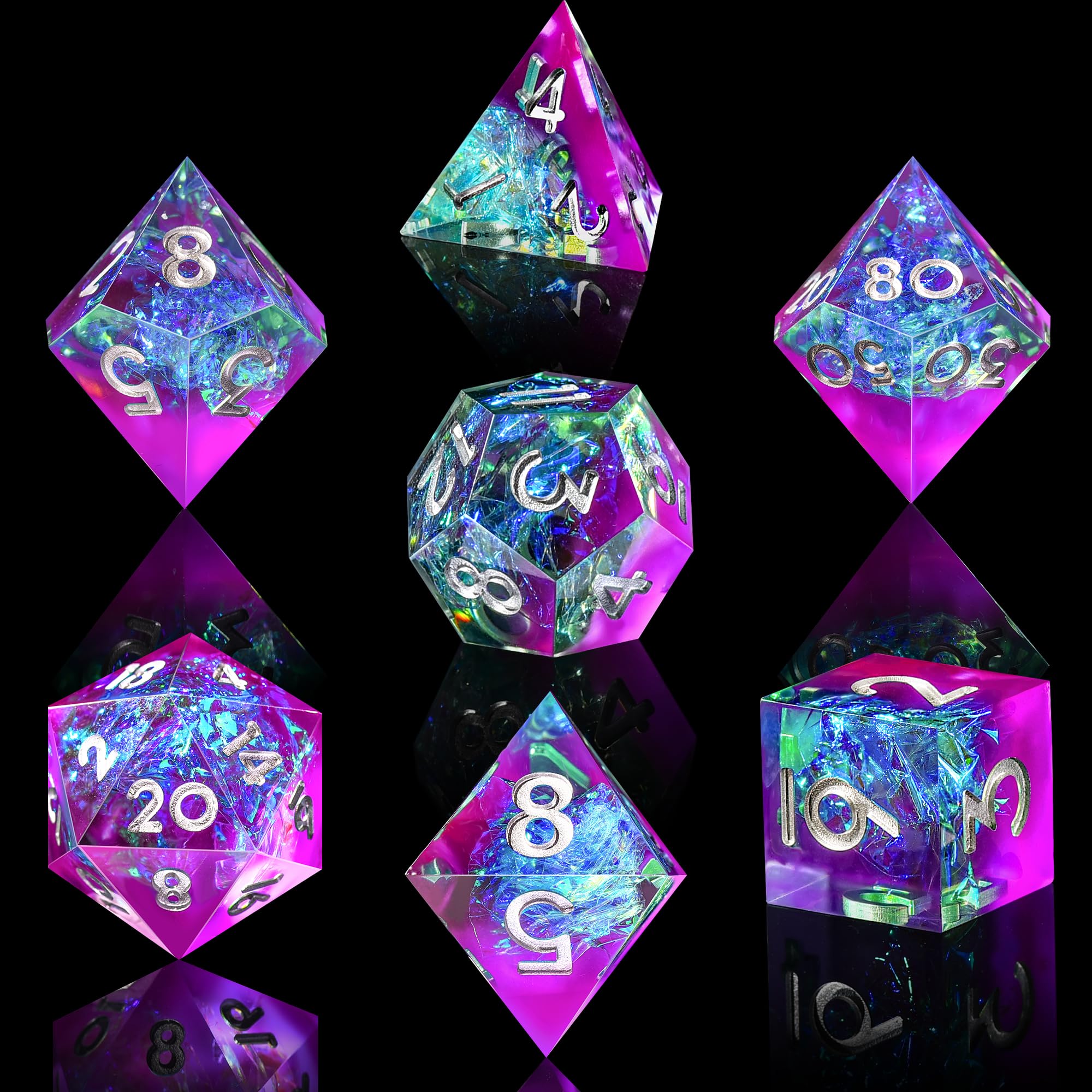 AUSTOR 7-Die Sharp Edge Polyhedral Dice Set – Handmade Resin Dice for D&D RPG MTG (Violet & Blue)