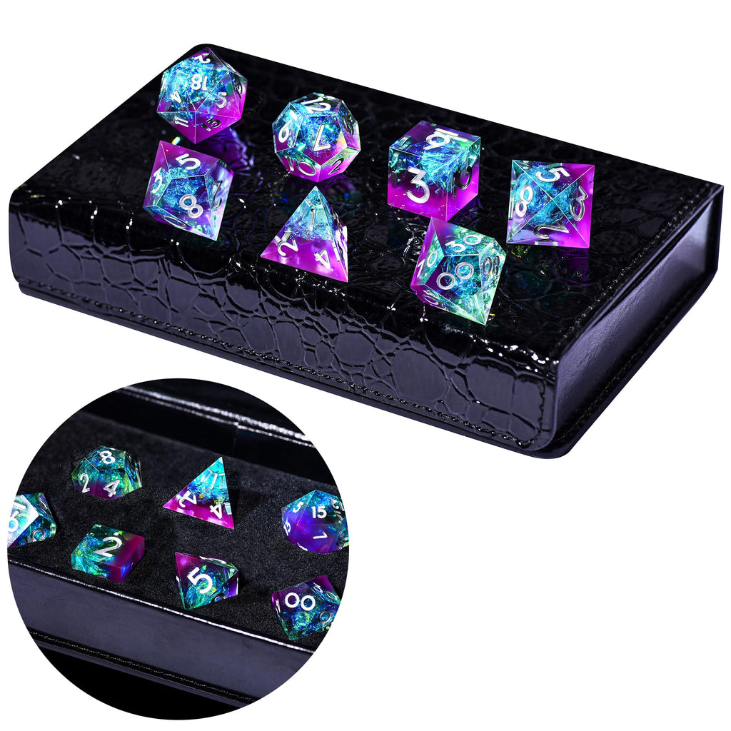AUSTOR 7-Die Sharp Edge Polyhedral Dice Set – Handmade Resin Dice for D&D RPG MTG (Violet & Blue)