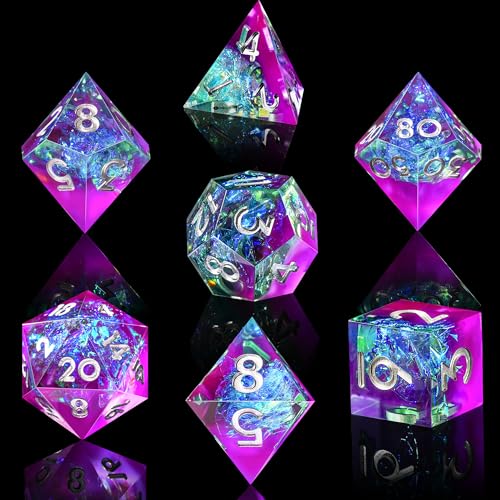 AUSTOR 7-Die Sharp Edge Polyhedral Dice Set – Handmade Resin Dice for D&D RPG MTG (Violet & Blue)