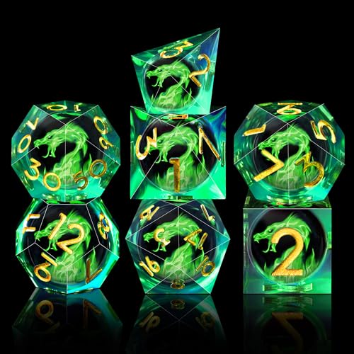 AUSTOR 7-Piece Green Flame Dragon Resin DND Dice Set - Sharp Edge Polyhedral Dice with Storage Box