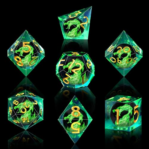 AUSTOR 7-Piece Green Flame Dragon Resin DND Dice Set - Sharp Edge Polyhedral Dice with Storage Box