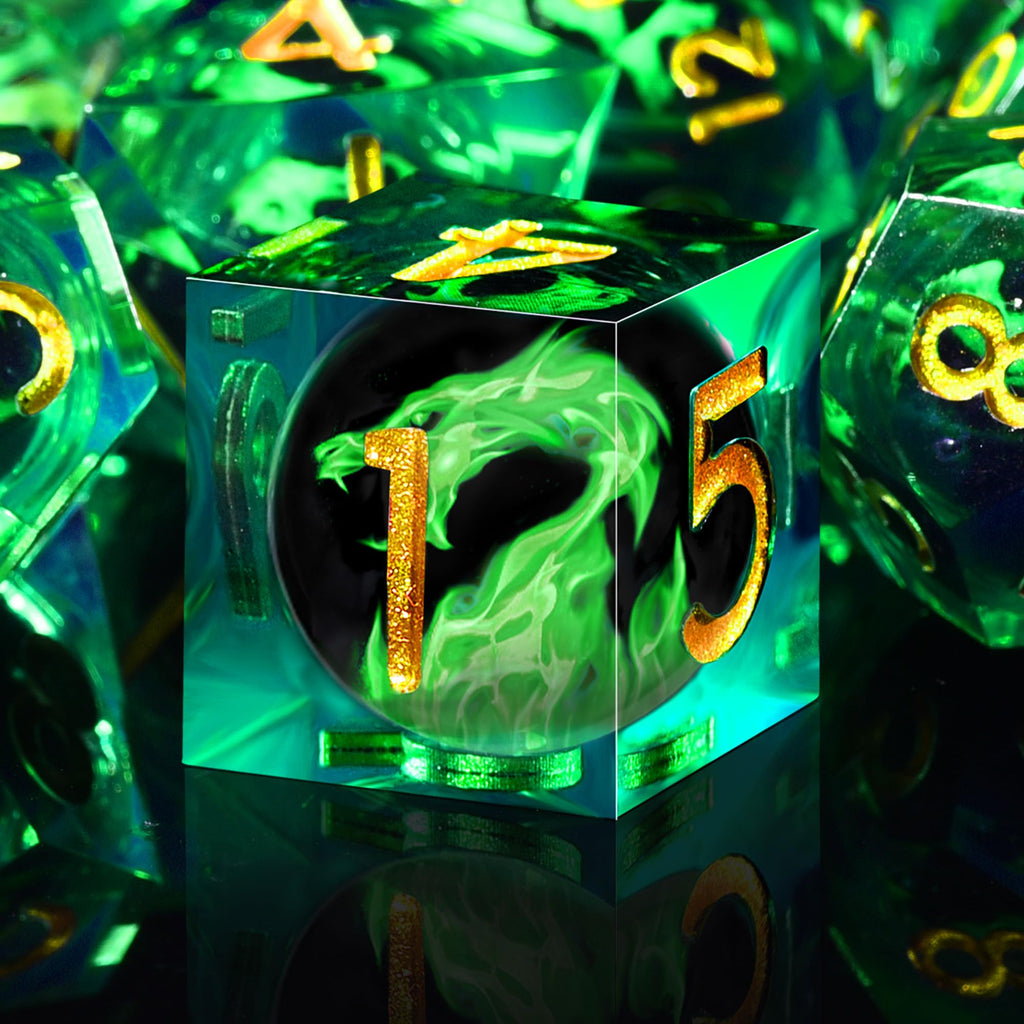 AUSTOR 7-Piece Green Flame Dragon Resin DND Dice Set - Sharp Edge Polyhedral Dice with Storage Box