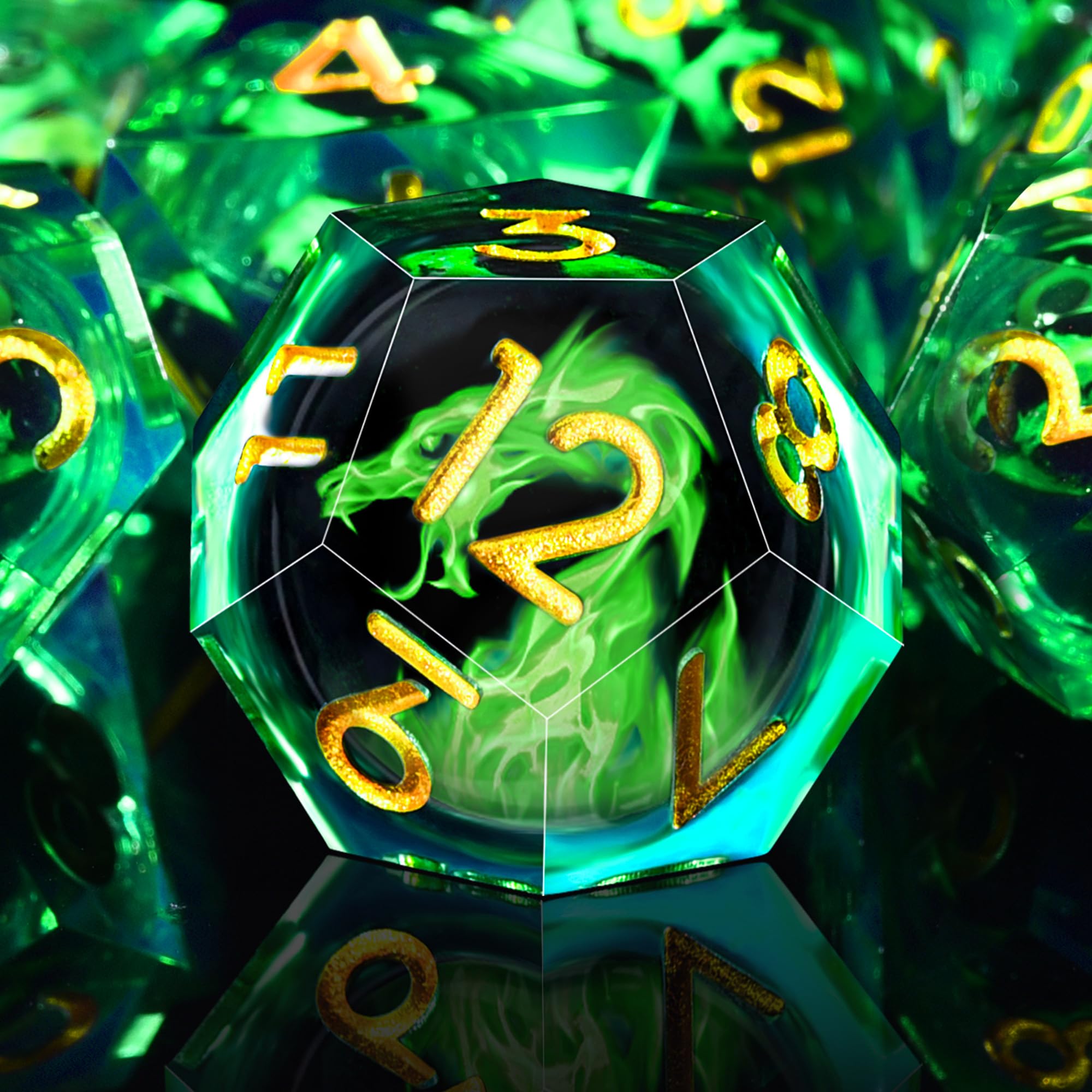 AUSTOR 7-Piece Green Flame Dragon Resin DND Dice Set - Sharp Edge Polyhedral Dice with Storage Box
