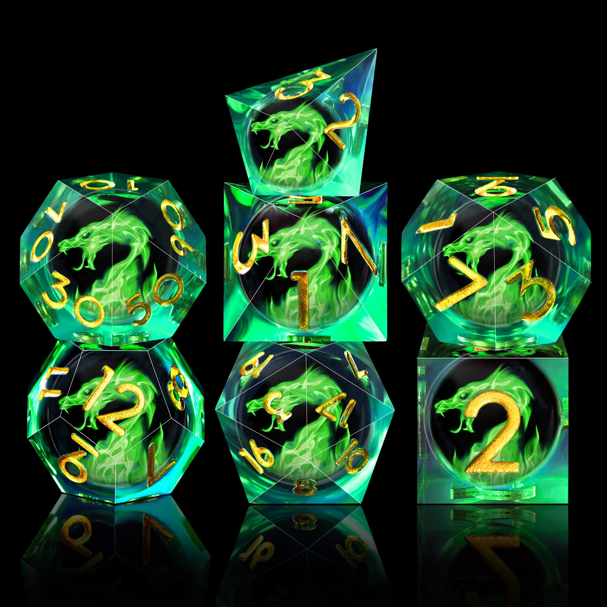 AUSTOR 7-Piece Green Flame Dragon Resin DND Dice Set - Sharp Edge Polyhedral Dice with Storage Box