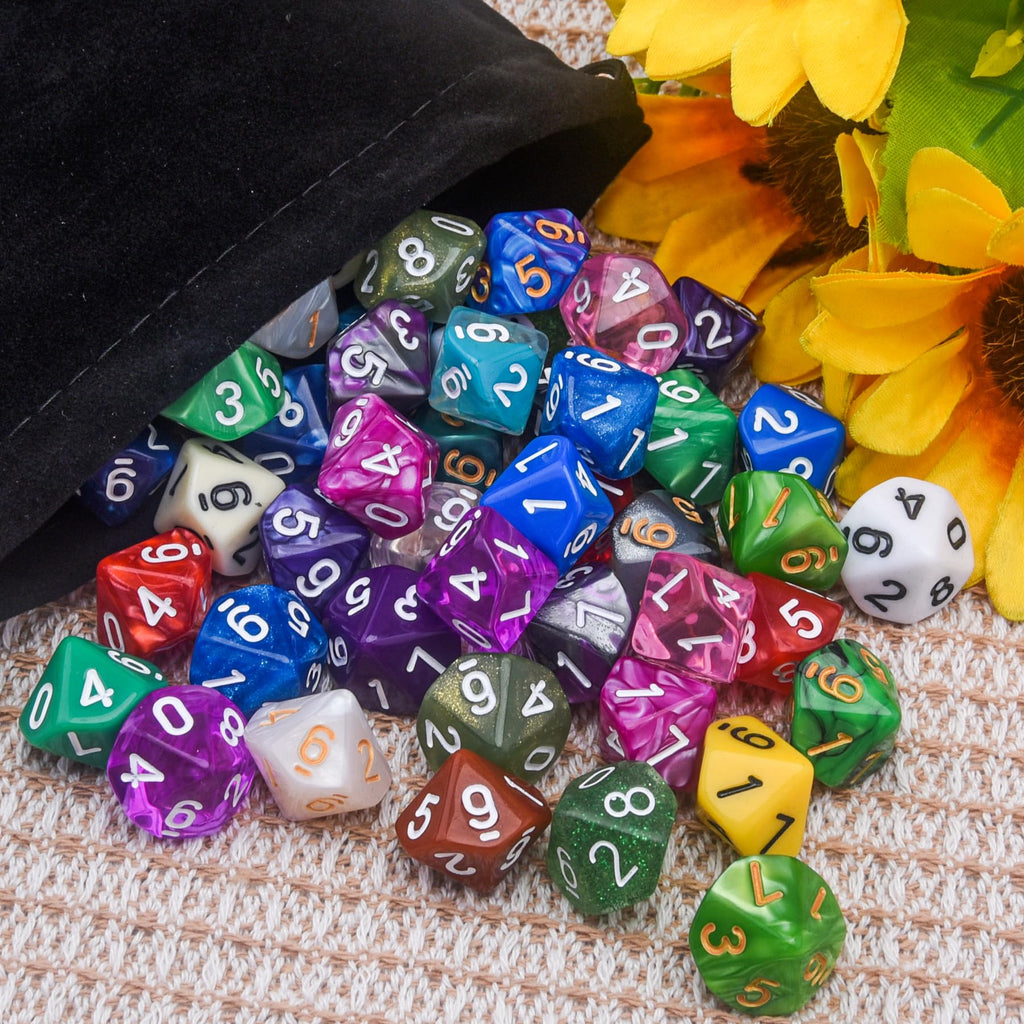 AUSTOR 70-Piece 10-Sided Dice Set – Mixed Colors with Black Velvet Bag