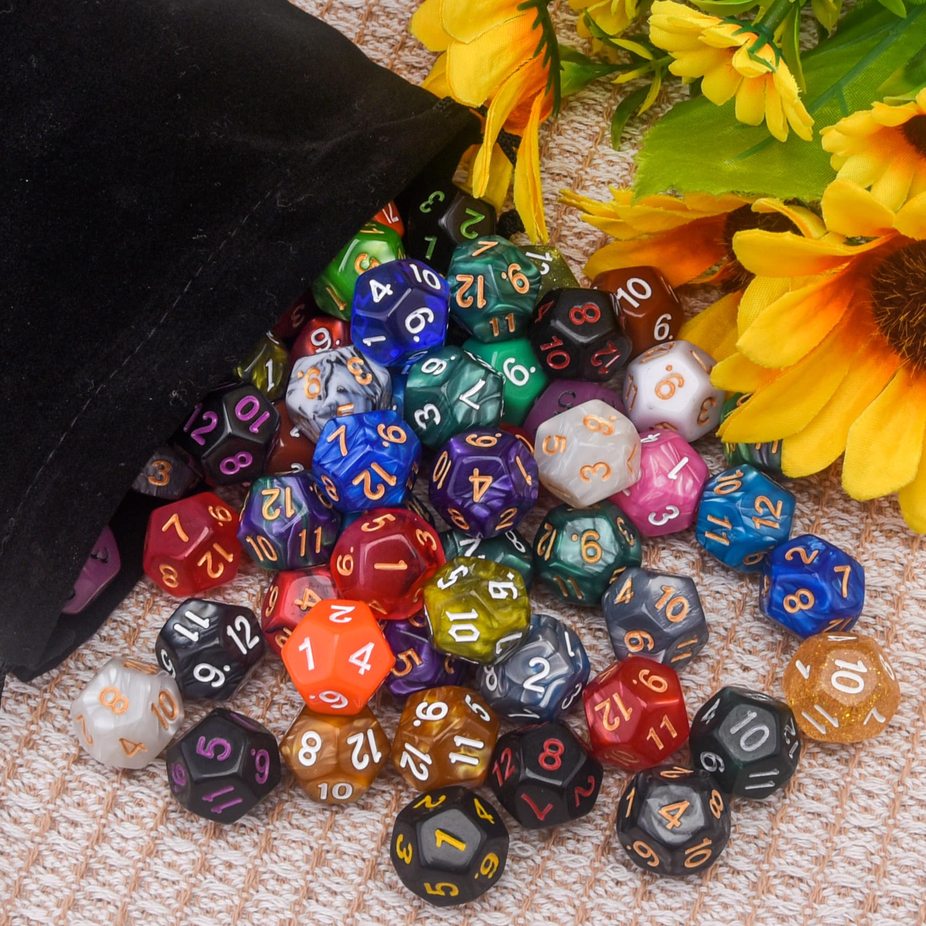 AUSTOR 70-Piece D12 Dice Set – Mixed Colors Polyhedral Dice with Velvet Storage Bag for DND RPG MTG