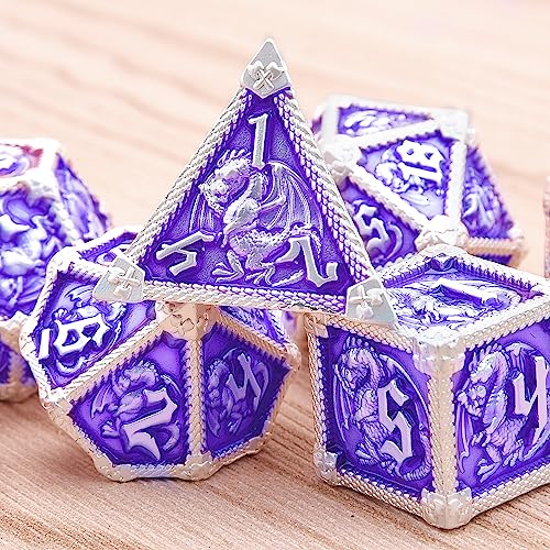 AUSTOR Metal D&D Dice Set - 7 Polyhedral Dice with Dragon Design, Zinc Alloy, Storage Box Included
