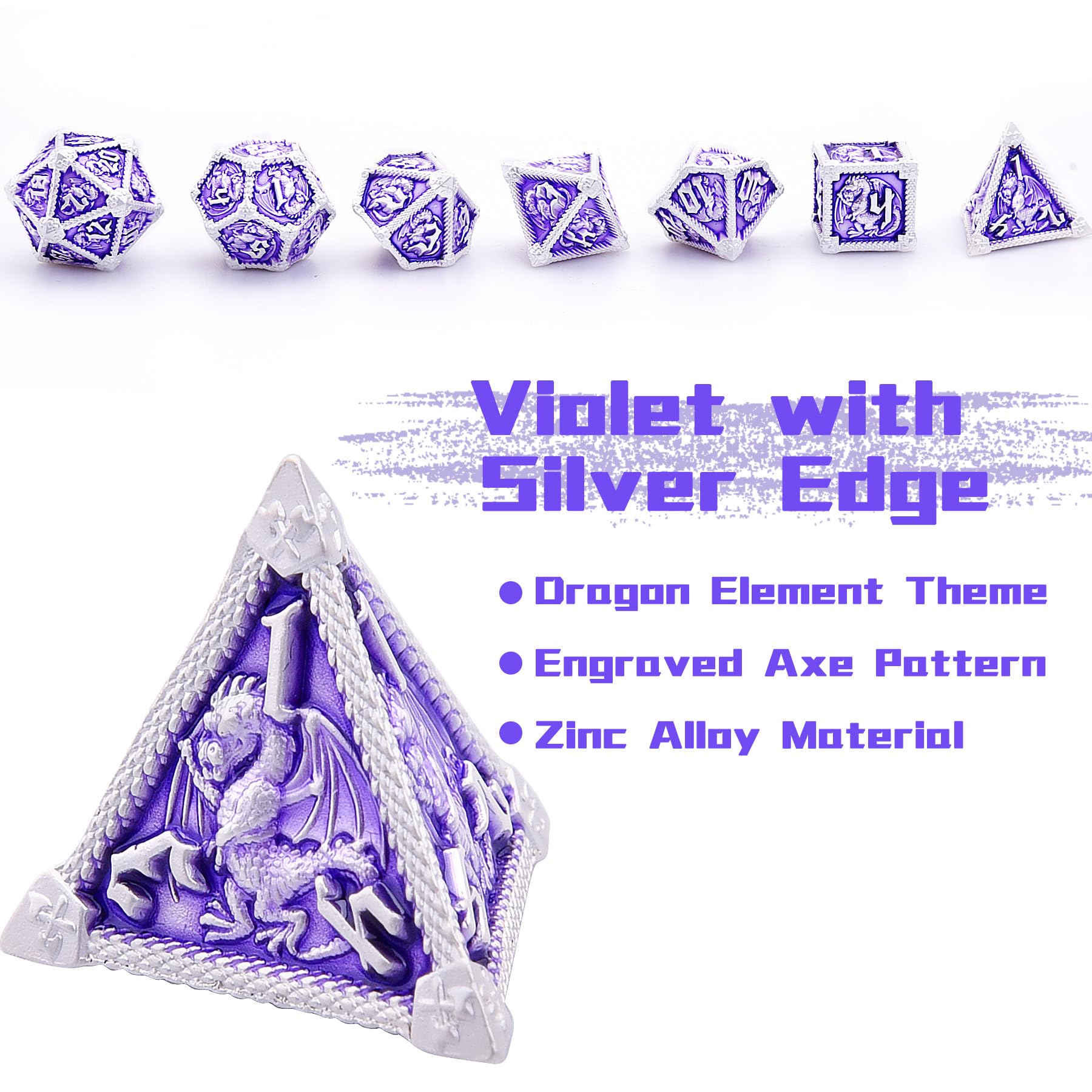 AUSTOR Metal D&D Dice Set - 7 Polyhedral Dice with Dragon Design, Zinc Alloy, Storage Box Included