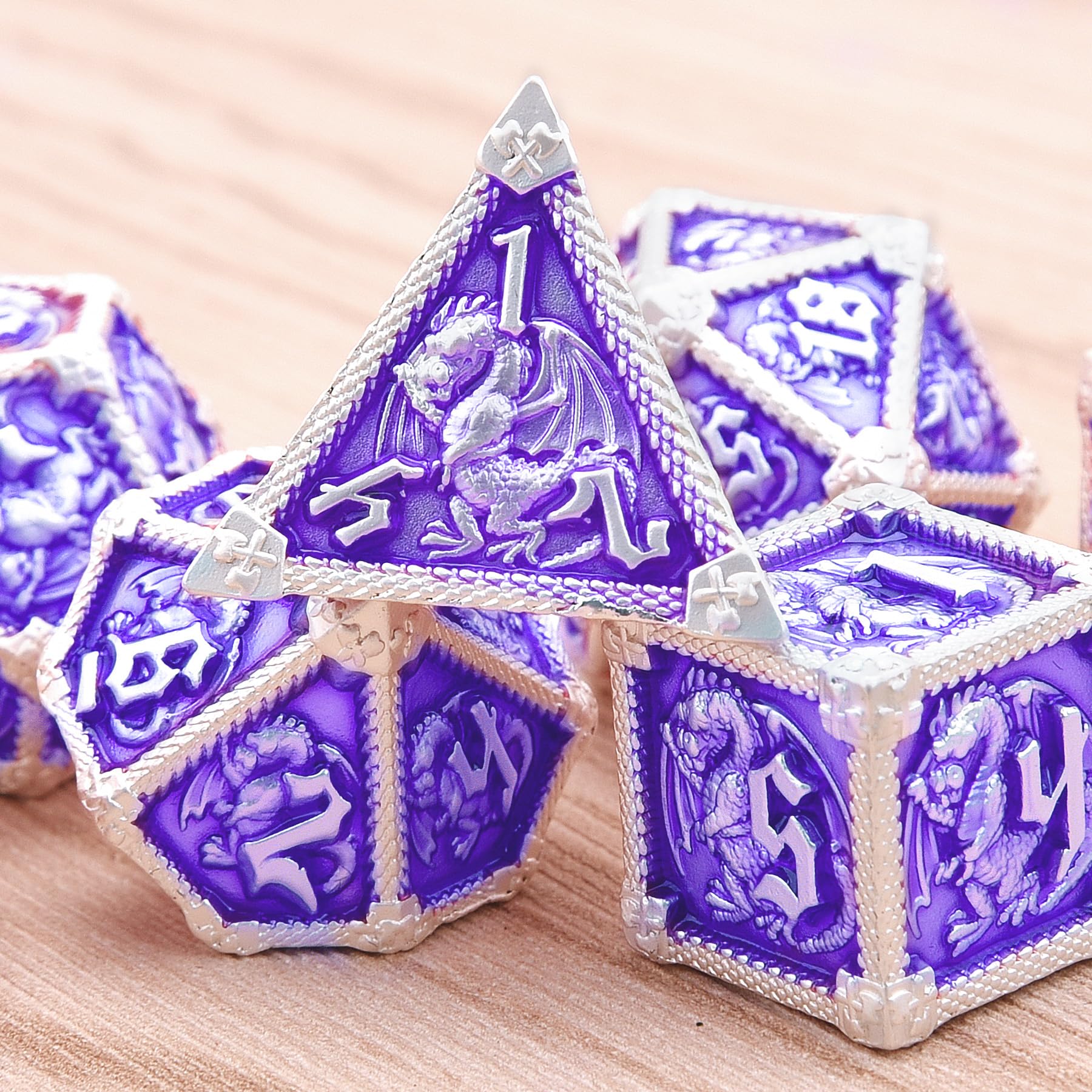 AUSTOR Metal D&D Dice Set - 7 Polyhedral Dice with Dragon Design, Zinc Alloy, Storage Box Included