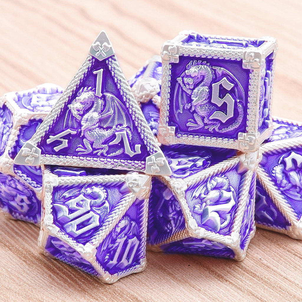 AUSTOR Metal D&D Dice Set - 7 Polyhedral Dice with Dragon Design, Zinc Alloy, Storage Box Included