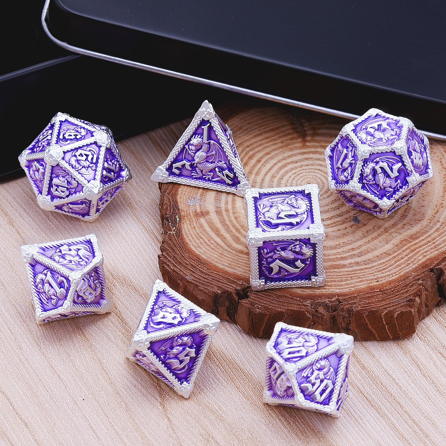 AUSTOR Metal D&D Dice Set - 7 Polyhedral Dice with Dragon Design, Zinc Alloy, Storage Box Included