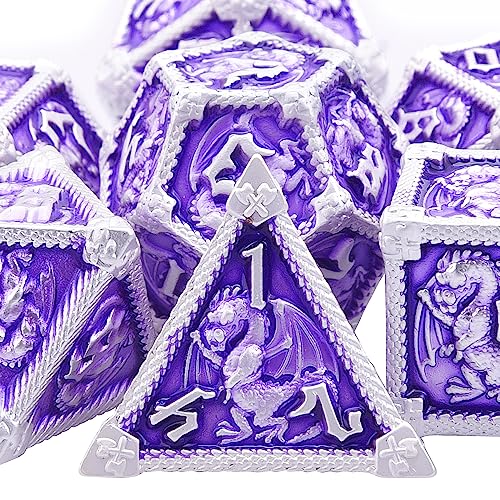 AUSTOR Metal D&D Dice Set - 7 Polyhedral Dice with Dragon Design, Zinc Alloy, Storage Box Included