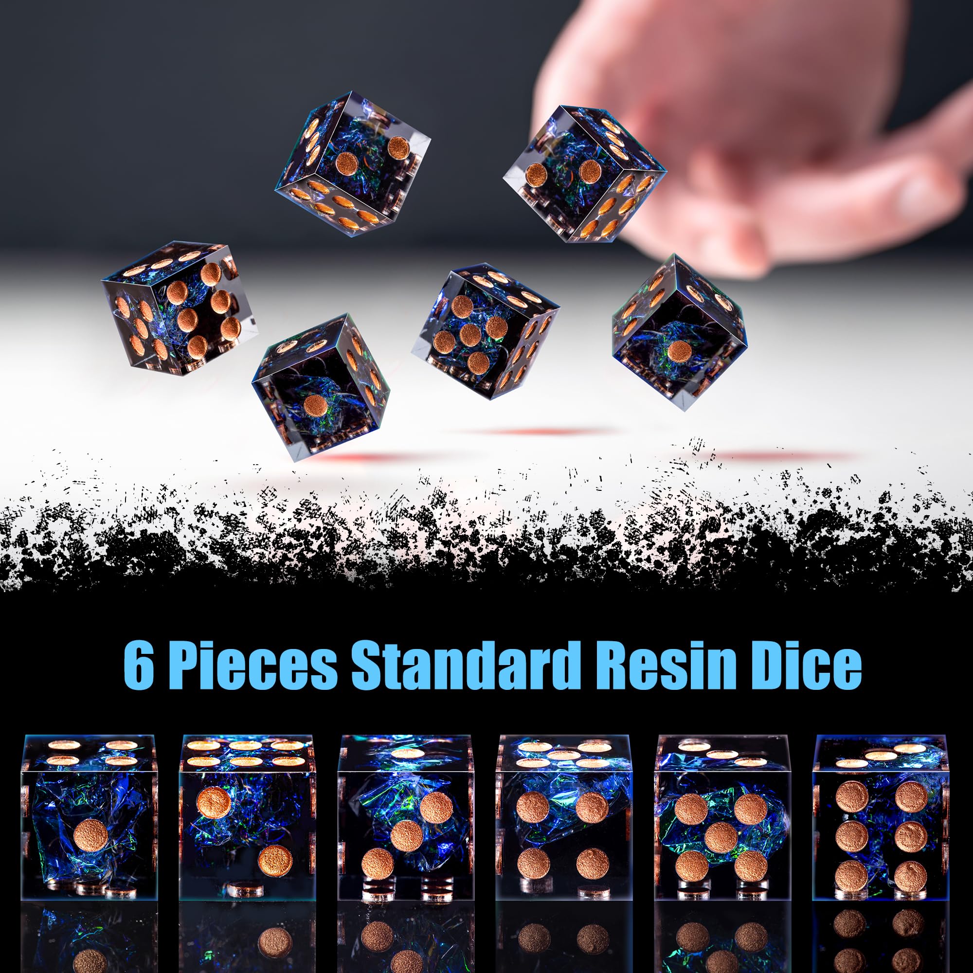 AUSTOR Sharp Edge Resin D6 Dice Set – 6 Pieces 16mm Handmade Dice with Metal Case for Yahtzee, Bunco, and Math Games