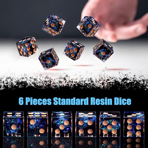 AUSTOR Sharp Edge Resin D6 Dice Set – 6 Pieces 16mm Handmade Dice with Metal Case for Yahtzee, Bunco, and Math Games