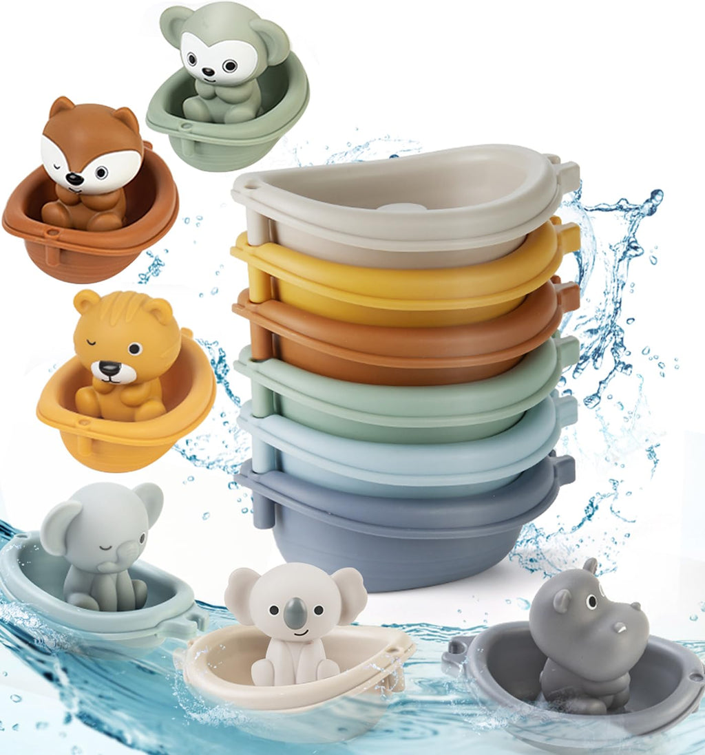 Auvitaya Stackable Boat Bath Toys with Finger Puppets – Baby Bathtub Stacking Set